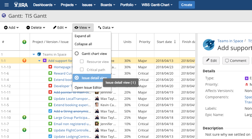 switching between the Gantt chart screen