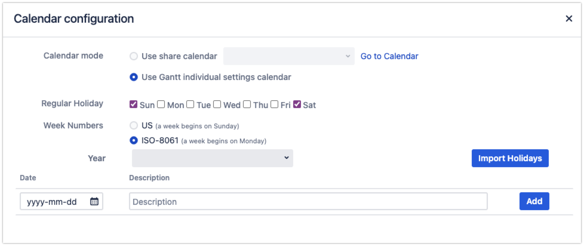 A screenshot displaying the calendar configuration where you can edit the working calendar.
