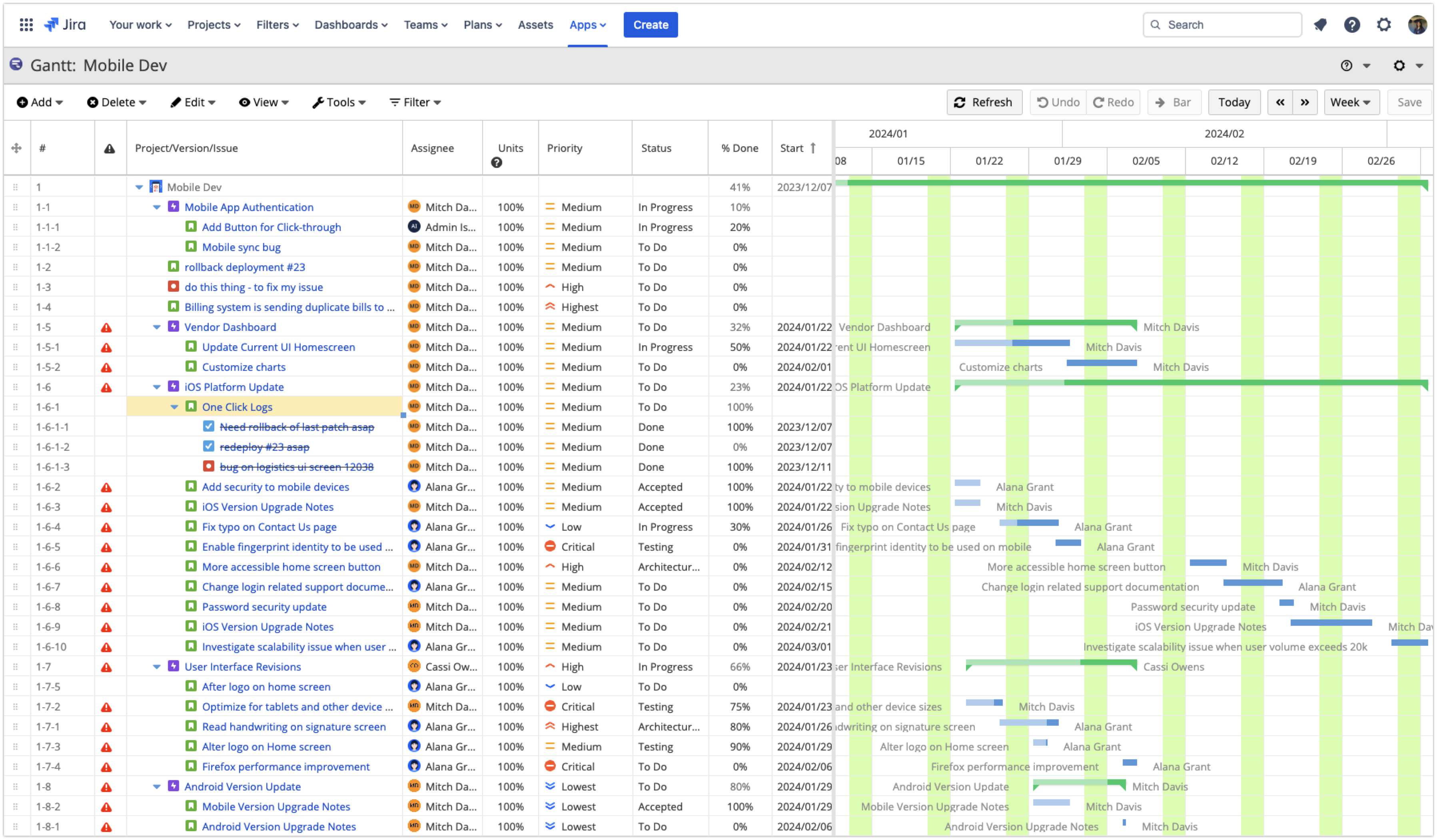 A screenshot showcasing the app interface of the Gantt chart view with a work breakdown structure (WBS) and a timeline displaying task duration and dependencies.