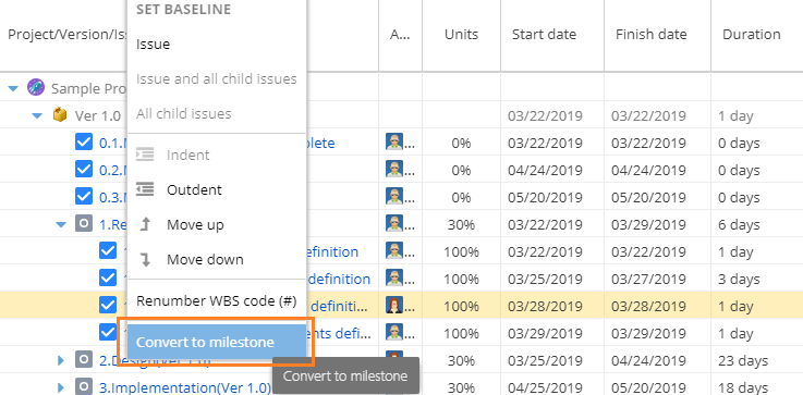 Convert a Task to a Milestone from the Contextual Menu