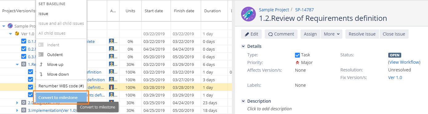 Convert a Task to a Milestone from the Contextual Menu