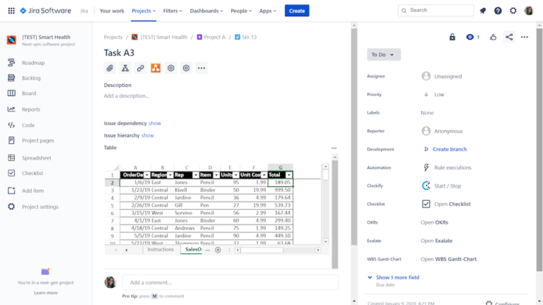 Create an Excel-like table for each Jira issues