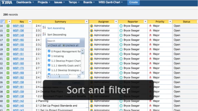 Excel like Issue Editor for Jira app can perform advanced Excel operations like sort and filter and freeze columns