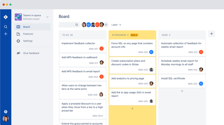 Jira Kanban board can visually track to do, in progress, and done issues