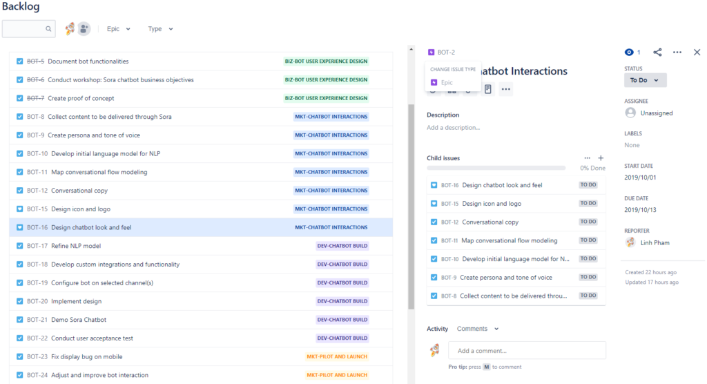 An example of Jira backlog for a marketing team.