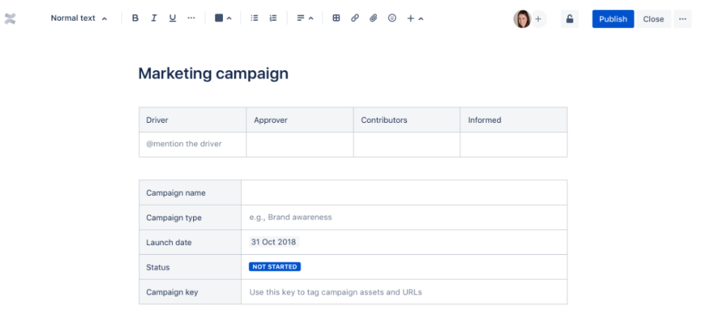 An example of a marketing campaign template in Confluence.