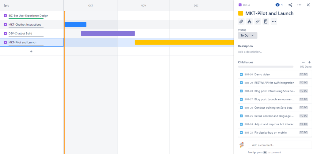 An example of Jira roadmap for a marketing team.