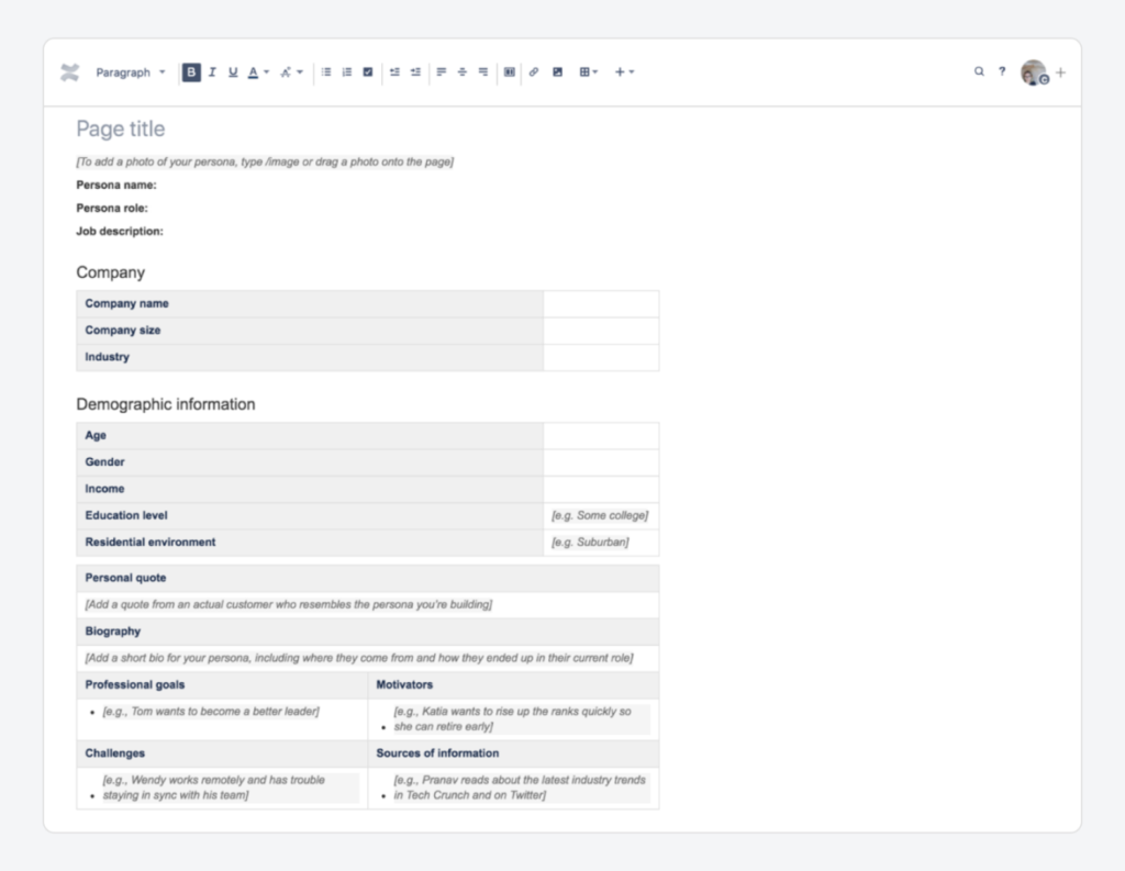 confluence persona template