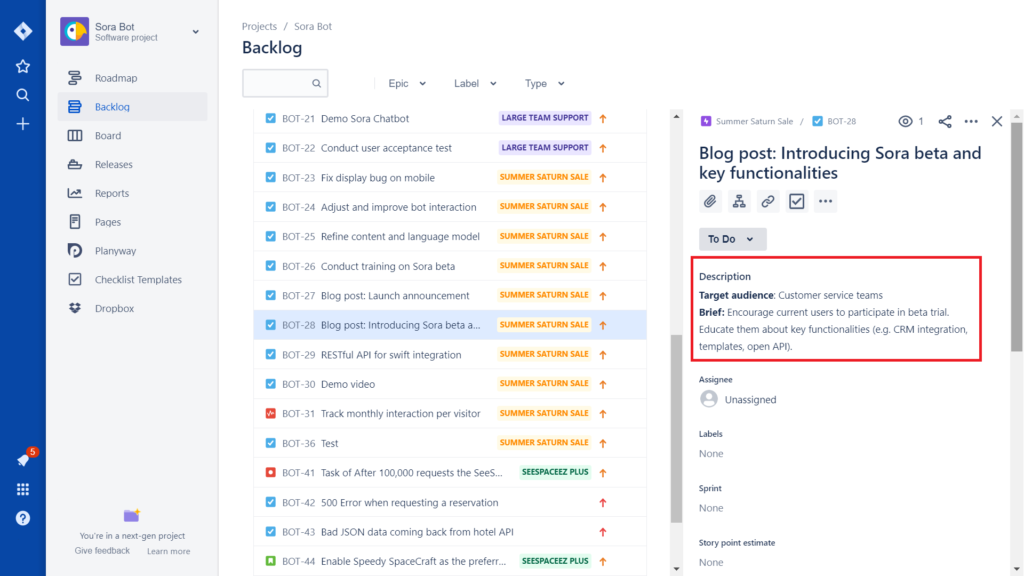 A screenshot of a Jira issue with its description complete.