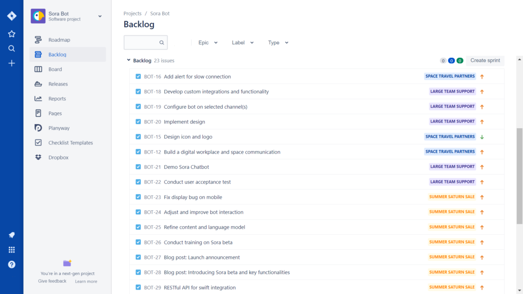 A screenshot of Jira Cloud backlog.