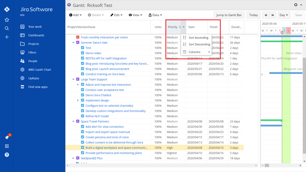 A screenshot of the Work Breakdown Structure that highlights priority sorting feature.