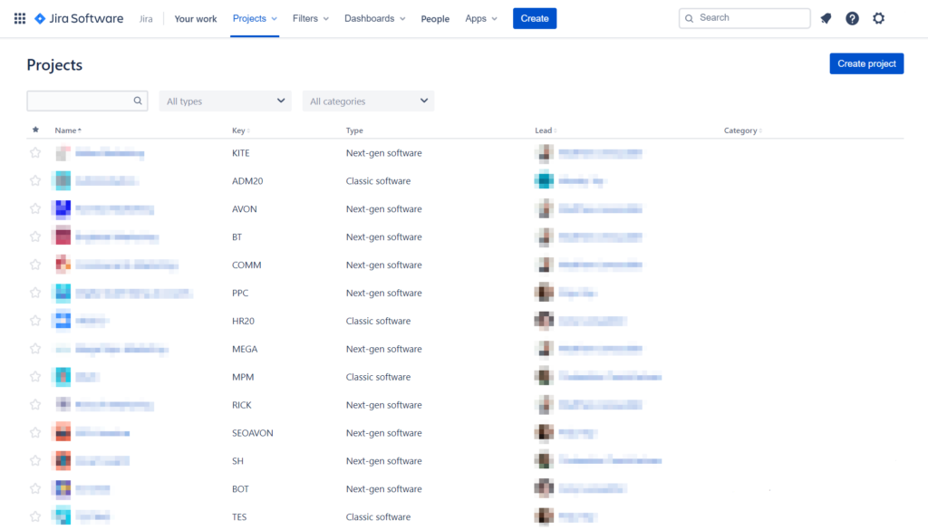 A Jira dashboard that shows all the projects.