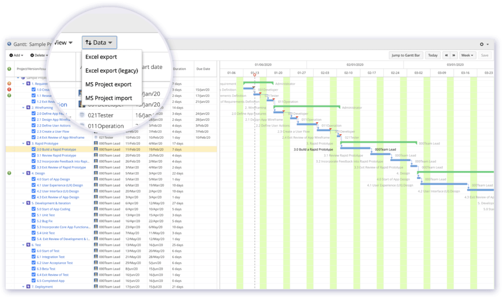 One-click data import and export between Jira and Microsoft Project.