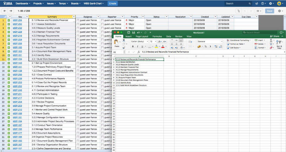 Copy and paste issue data between Excel and Jira