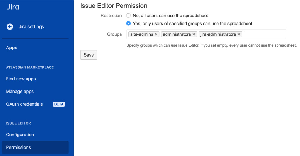 Jira Group Permission for specifying Jira groups that can edit the spreadsheet