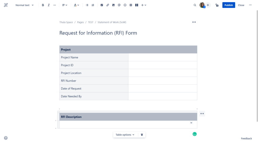 A screenshot showing a digitized Request for Information (RFI) form on Confluence.