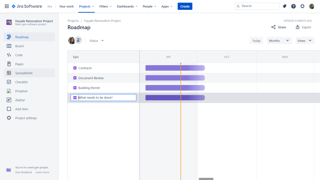 Jira construction project management is done right by breaking down a complex Jira project into a few epics and displaying them on Roadmap.