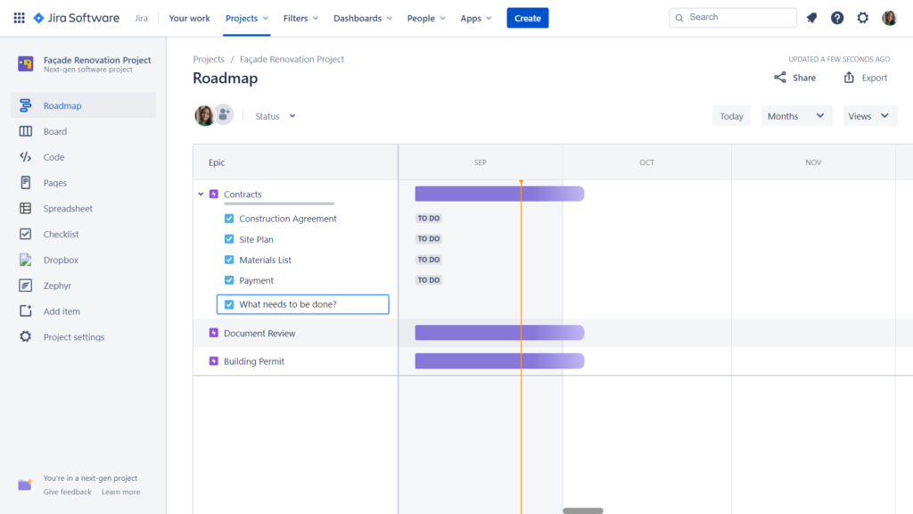 Jira epic is broken down further into issues and are displayed on Roadmap.