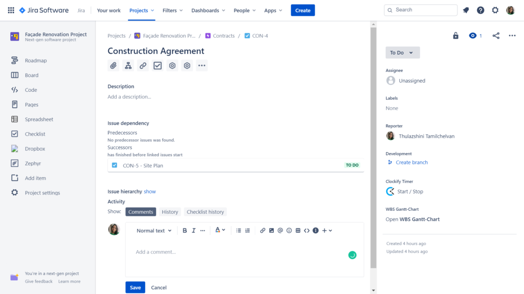A screenshot showing Jira comment and status features. 