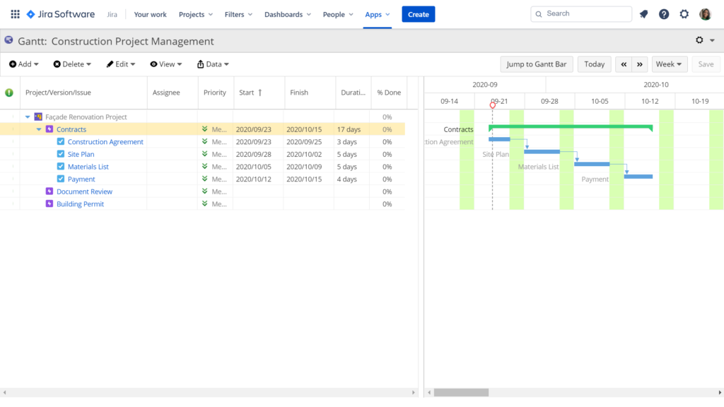 Jira issues displayed on a Gantt chart using a third-party Atlassian app called WBS Gantt-Chart for Jira.