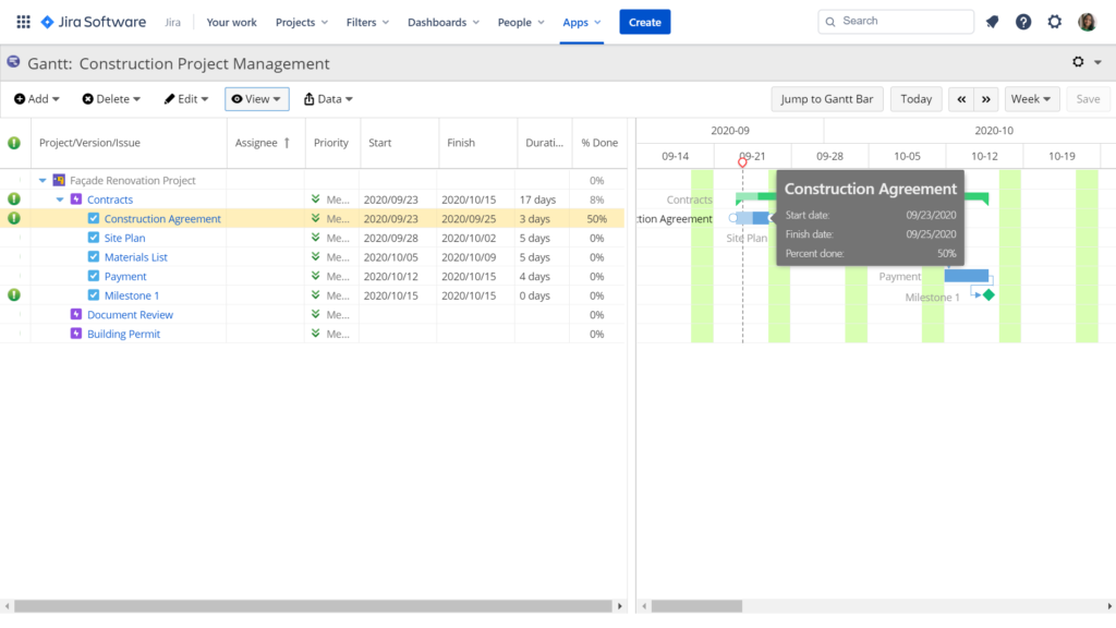 A screenshot showing how construction project managers can monitor the progress rate of tasks using WBS Gantt-Chart for Jira app.