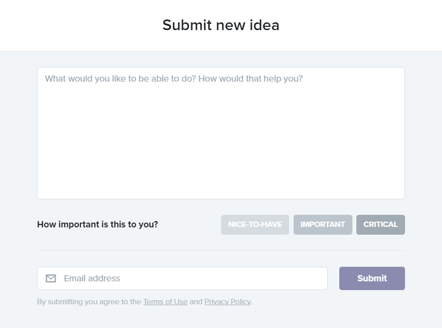 A screenshot showing how to submit new idea for an app via Productboard Portal.