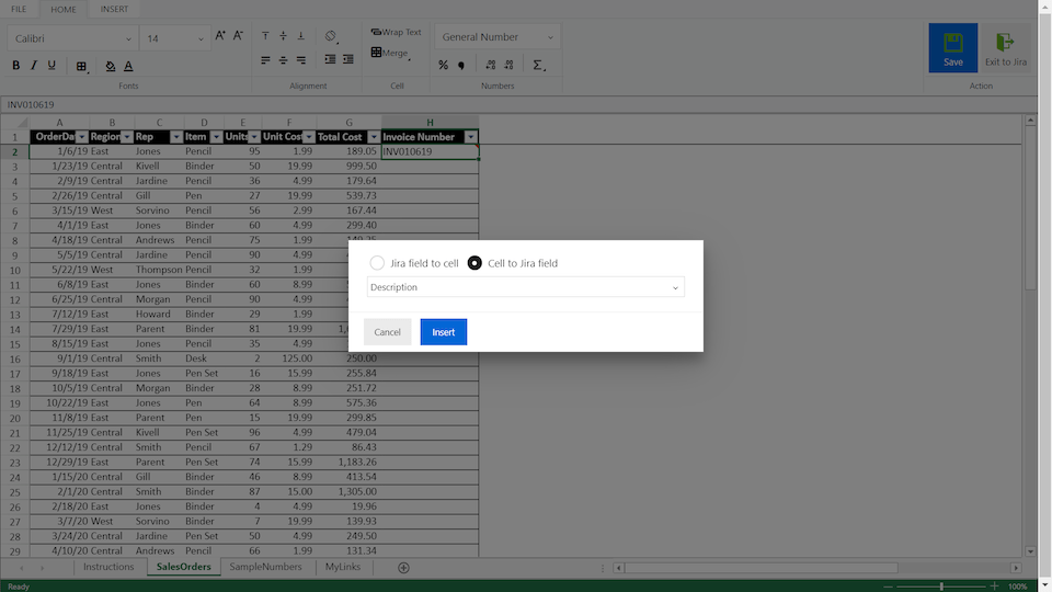 Map any cell in a table with the Jira field, and vice versa