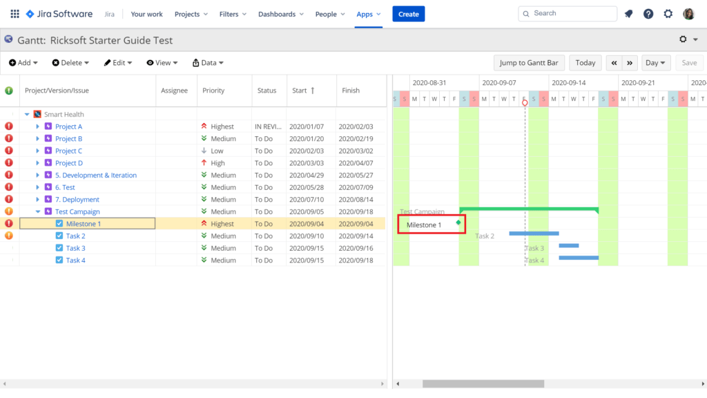 A screenshot of a Jira Gantt chart app known as WBS Gantt-Chart for Jira with a milestone added within a project timeline.