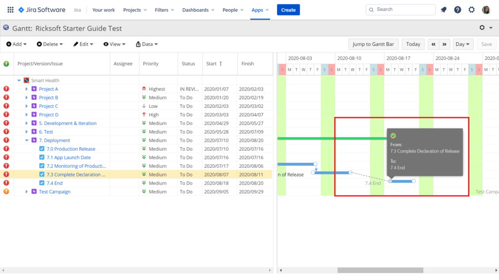 A screenshot of a Jira Gantt chart with a Finish-to-Start type of dependency between two tasks. 