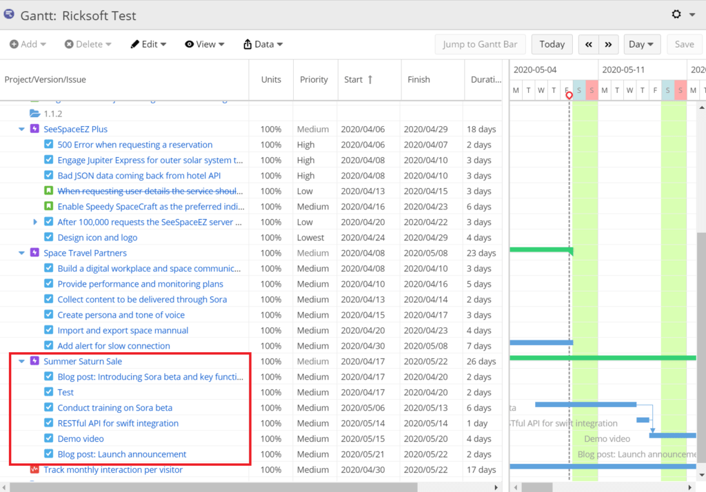 A screenshot of a Gantt chart and Work Breakdown Structure that shows a main project with its corresponding tasks.