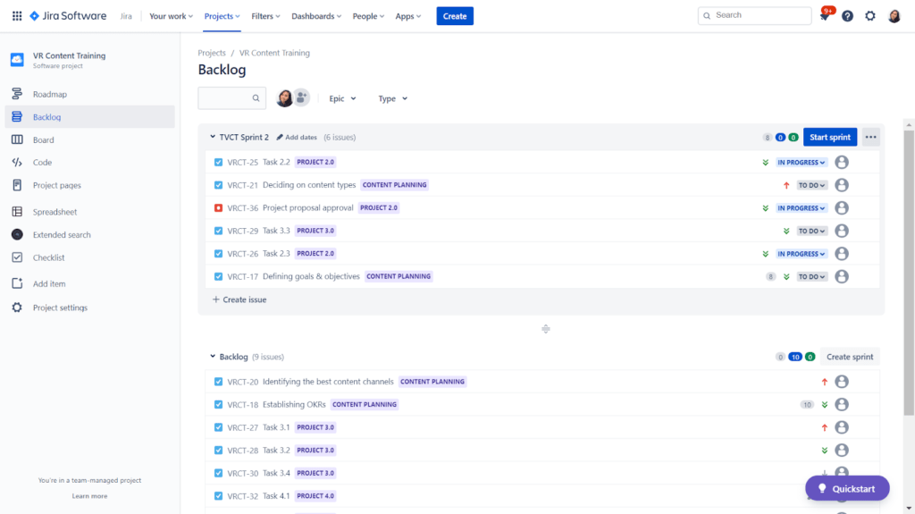 Find the sprint backlog at the top and the project backlog below.