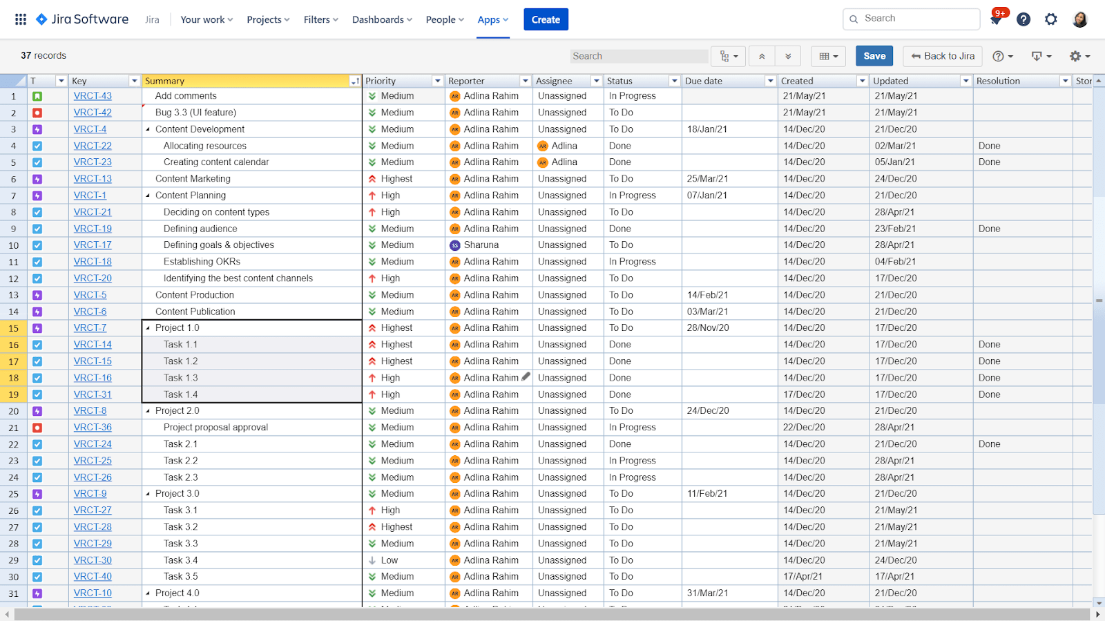 Issue Hierarchy in Excel-like Bulk Issue Editor for Jira