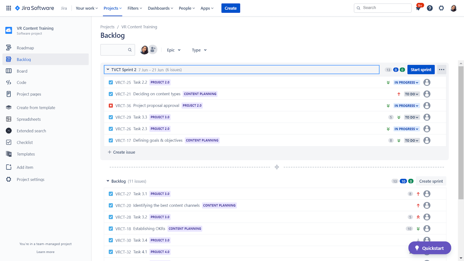 Jira backlog overview