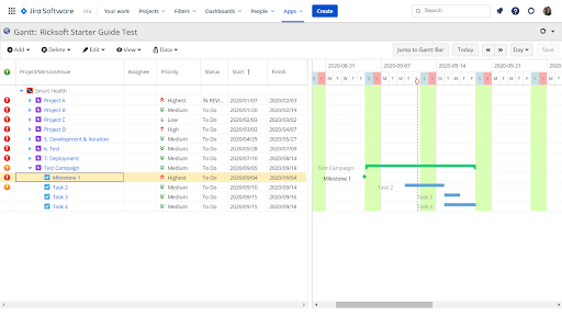 The project's milestone can be easily added and viewed on a Jira Gantt chart.