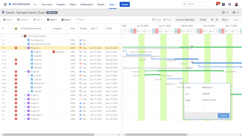 Link issues on the Gantt chart without switching screens.