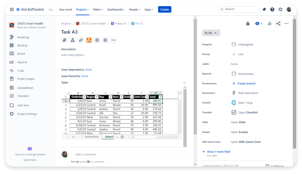 A screenshot of Jira with an Excel file and data directly embedded in a Jira issue.