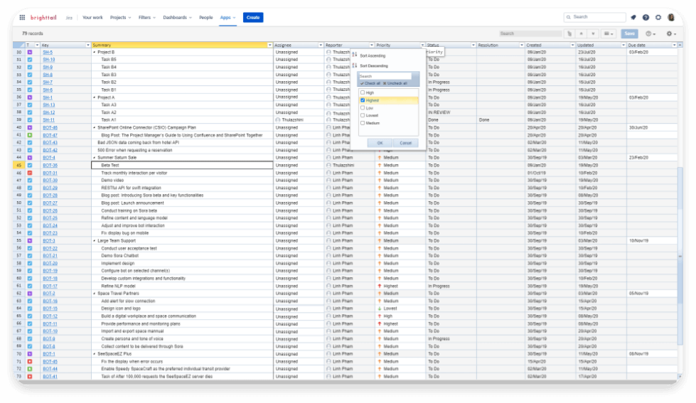 A screenshot of Jira issues being displayed in a spreadsheet view.