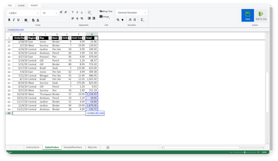 A screenshot of a Jira issue integrated with a spreadsheet app with various Excel-like operations.