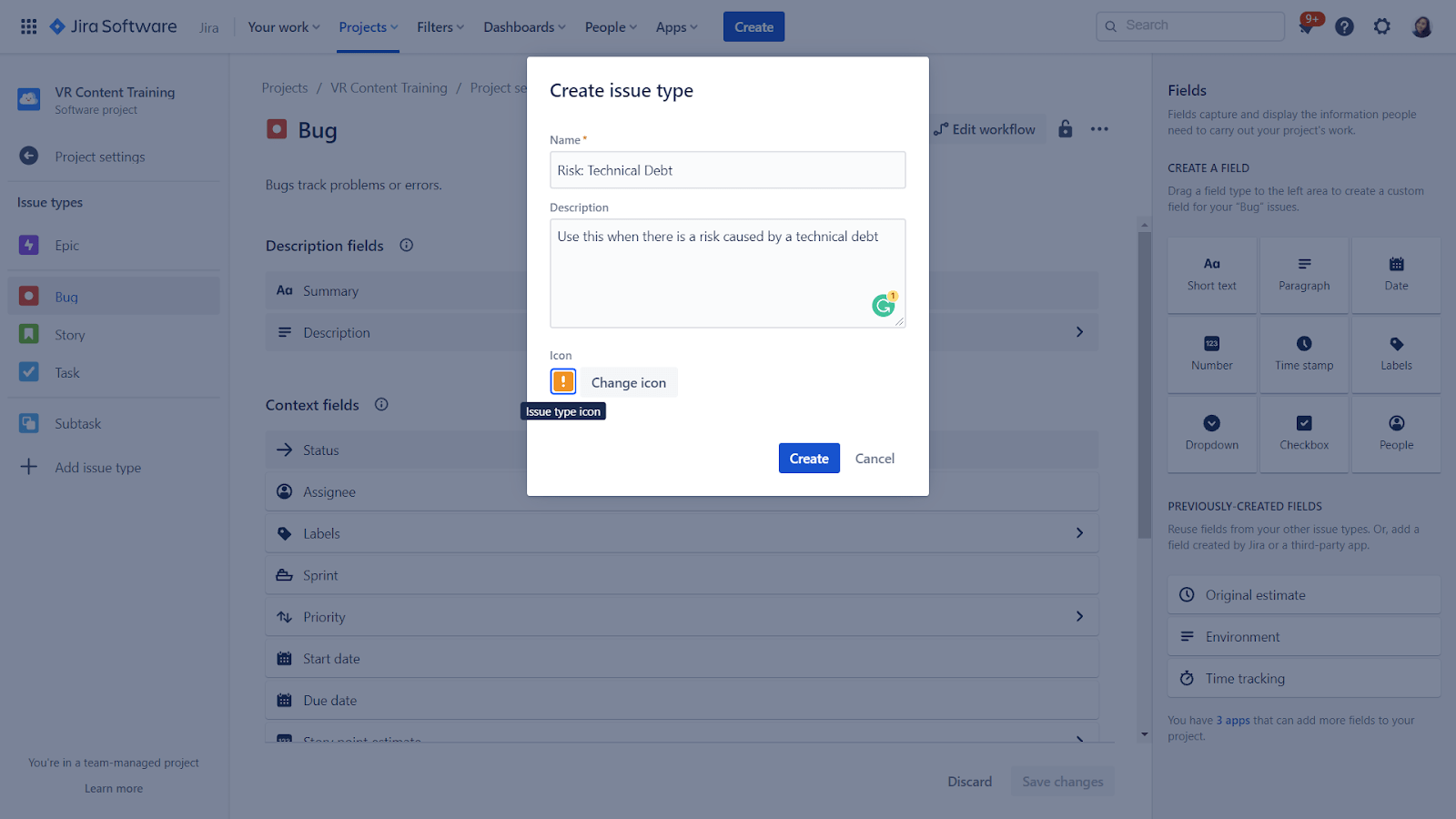 Add risk as an issue type screen on Jira.