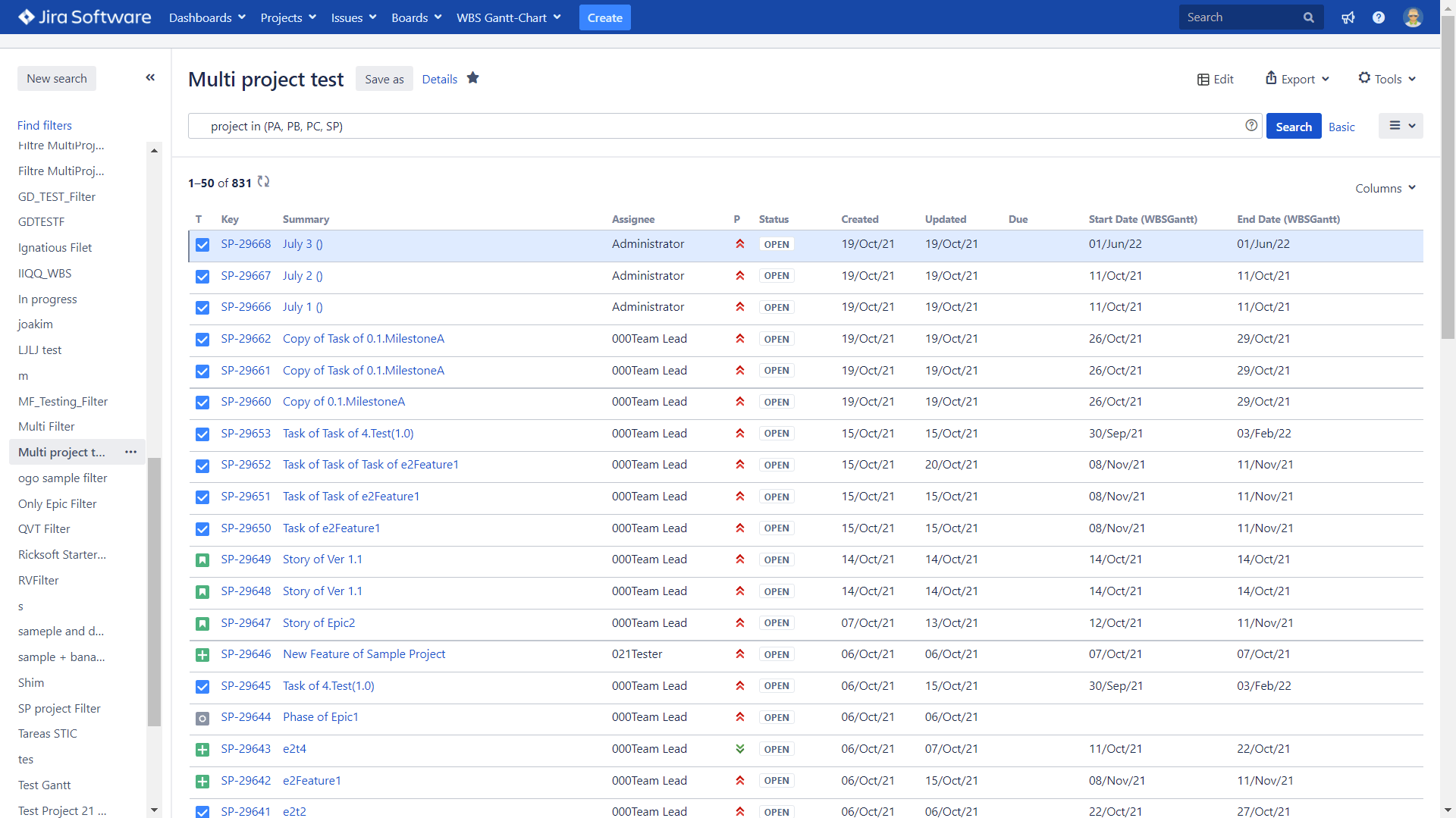 Using JQL to filter issues for multiple projects.