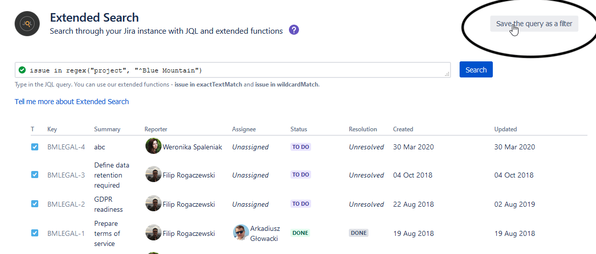 Save query as filter screen using the JQL Search Extensions app.