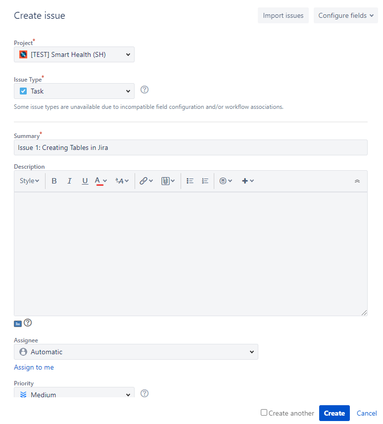 Creating Issue in Jira