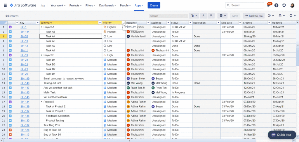 Sort and view the Jira issues based on the priority level.