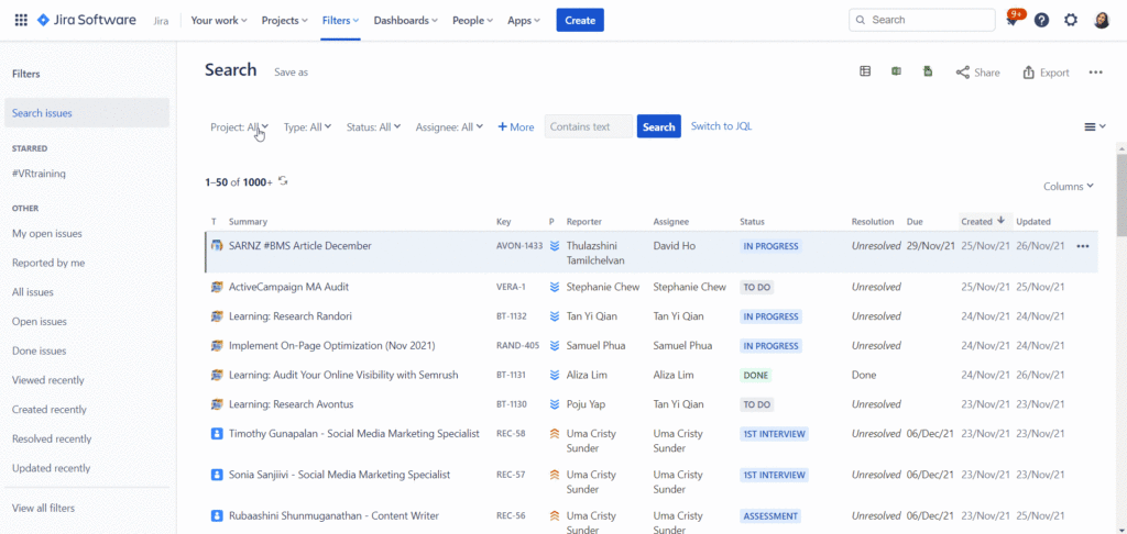 Choose the Jira issues to view via the Advanced Issue Navigator screen, then launch the spreadsheet.