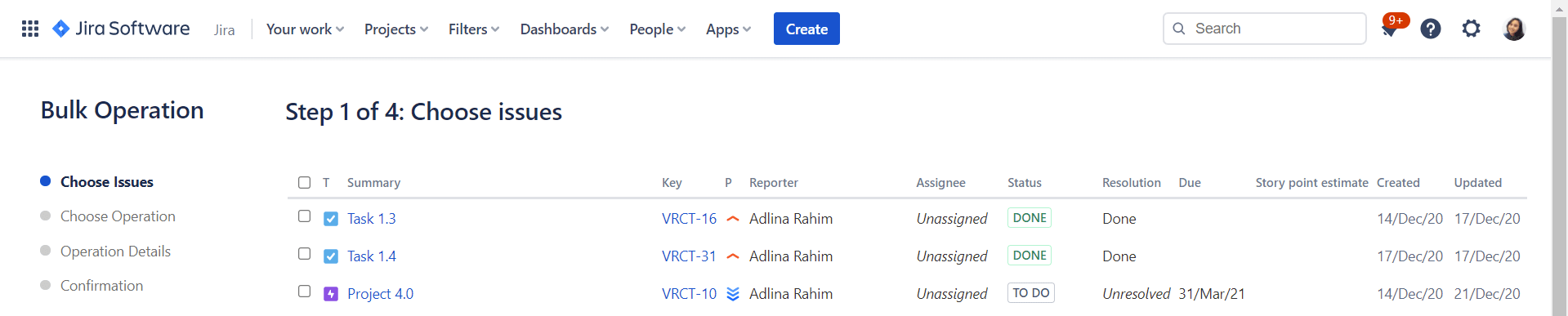 Jira bulk change screen.