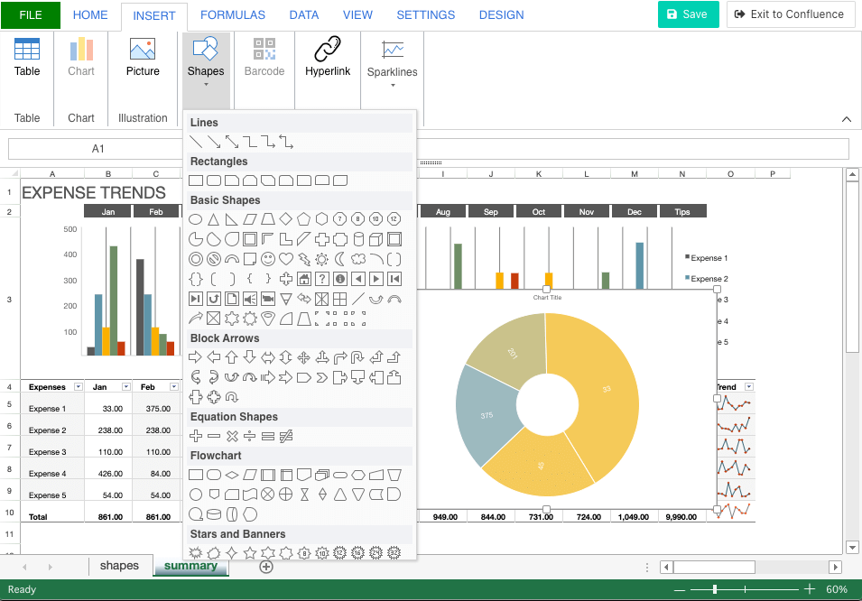Populate your spreadsheets with charts and shapes.