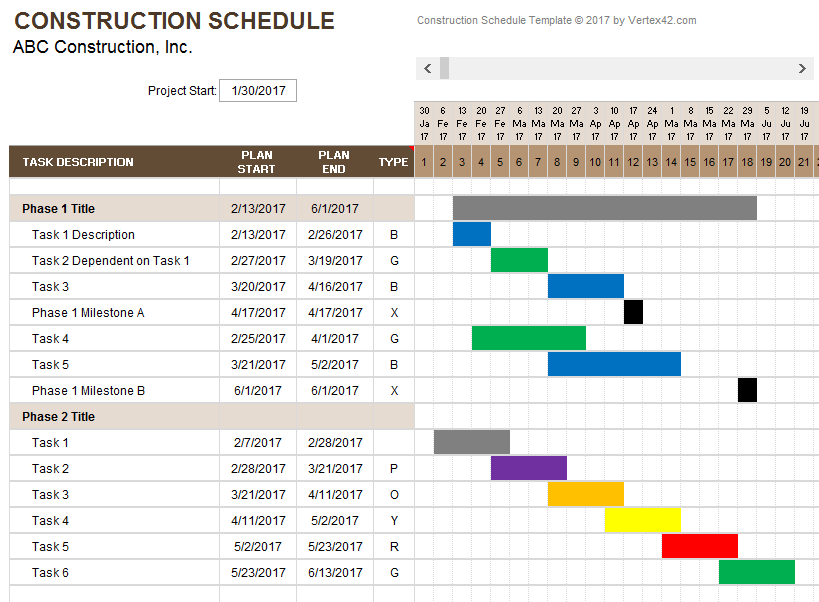 Vertex42's Weekly Construction Timeline Template