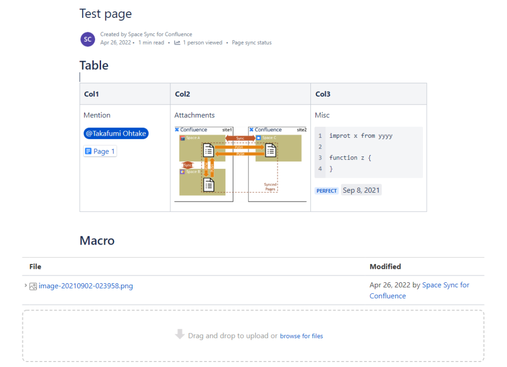 Comprehensive syncing includes page titles, attachments, page content, tables, mentions, and macros.