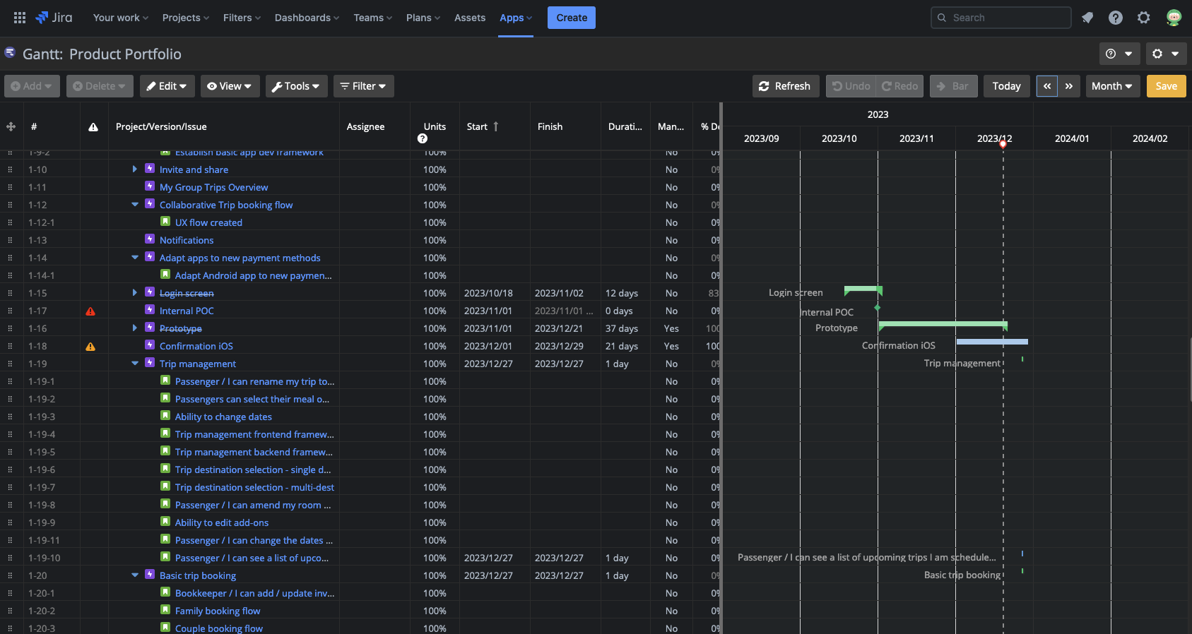 Dark mode interface in WBS Gantt-Chart for Jira app