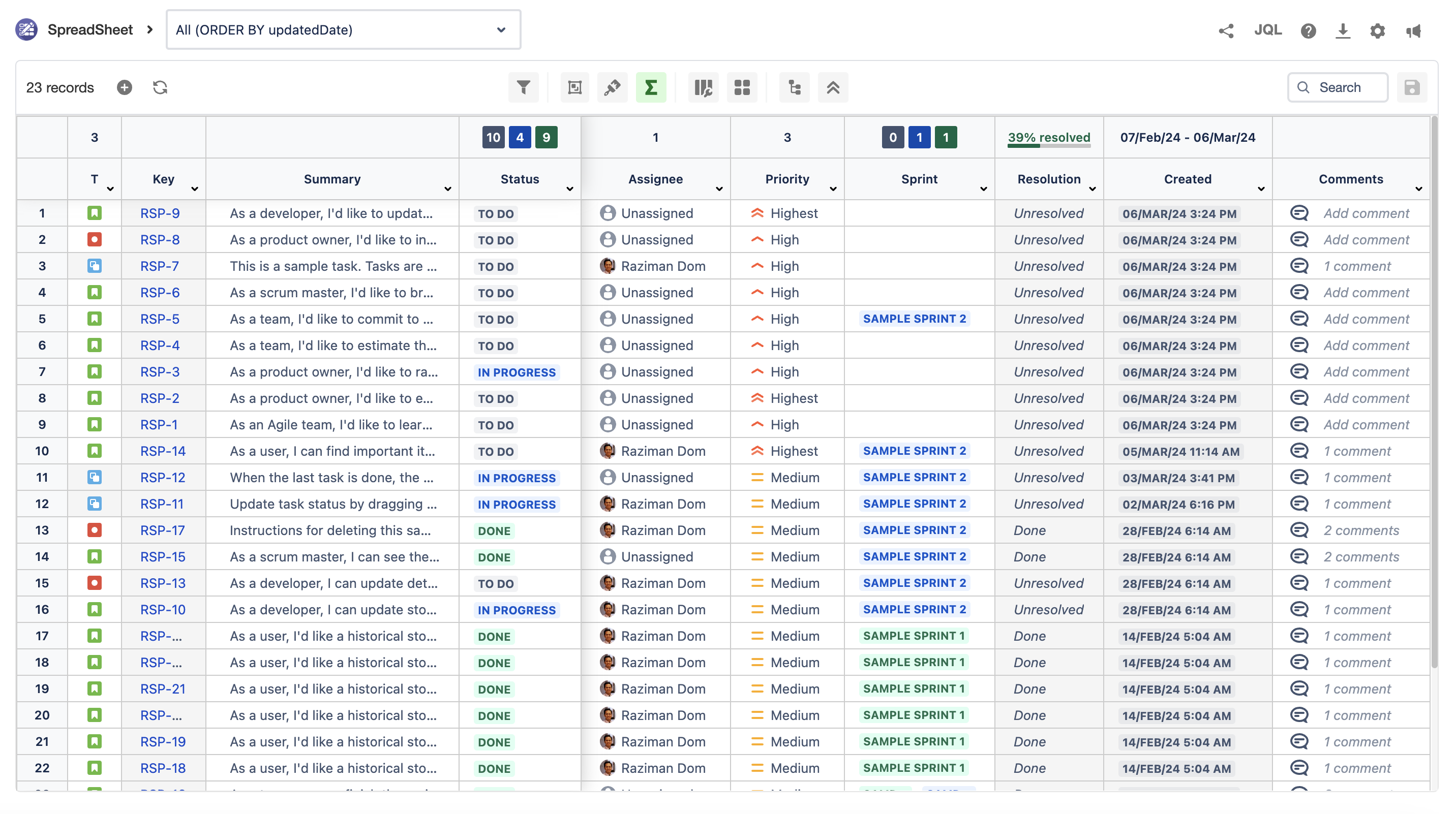 A screenshot of the new interface in Excel-like Bulk Issue Editor for Jira, featuring a bulk operation bar.